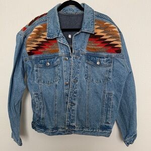 Vintage 90s Denim Jean Trucker Jacket with Western Aztec Tribal Design